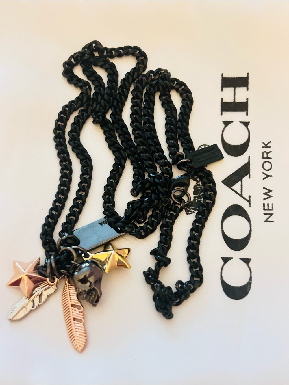 EXTREMELY RARE Coach Black Chain Necklace with Skull, Feather, Star Charms - Picture 12 of 16